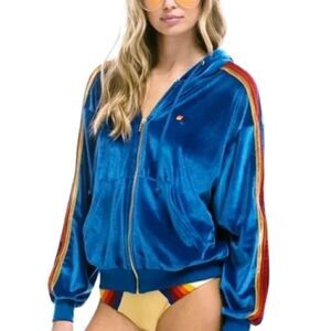 Aviator Nation Women's Velvet Velour Vintage Blue Rainbow Stripes Set Size Large